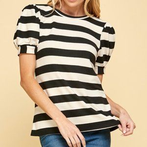 Black and Cream Striped Puff Sleeve Blouse